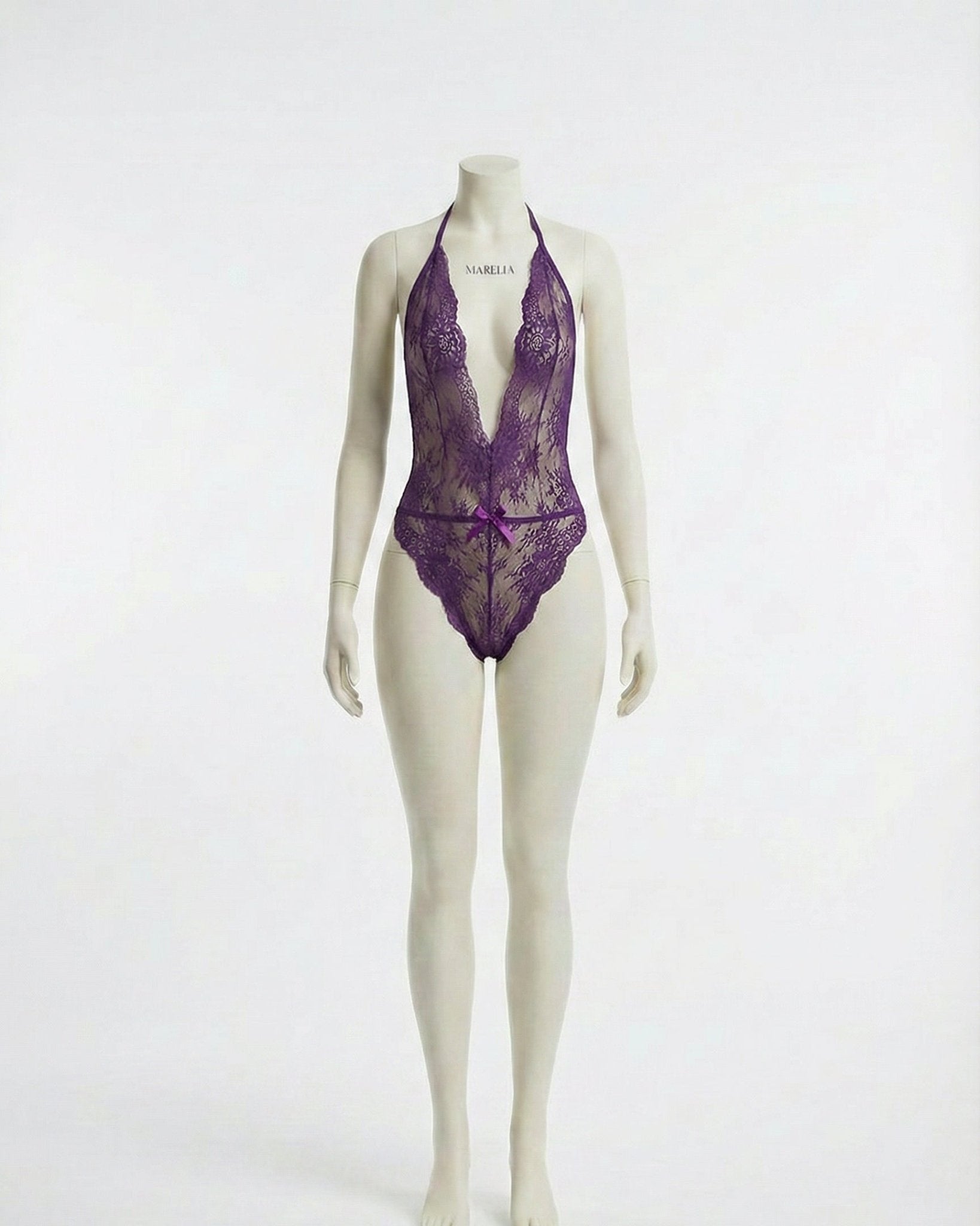 Purple Sheer Floral Lace Halter Bodysuit - MARELIA