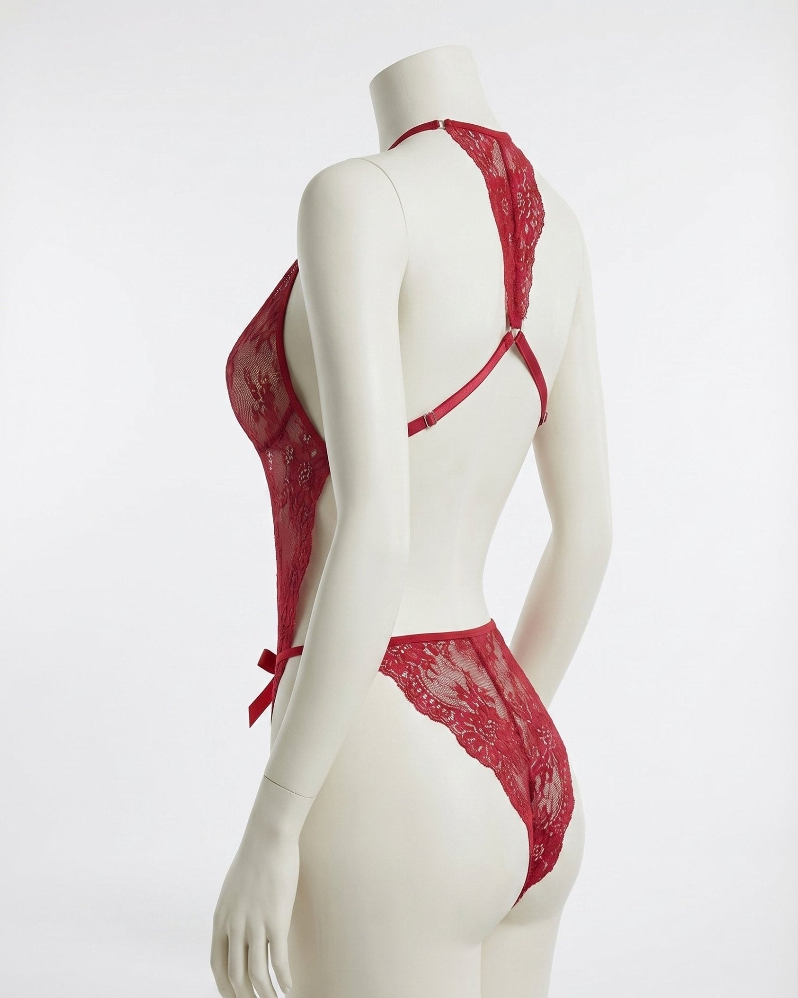 Burgundy Sheer Floral Lace Halter Bodysuit - MARELIA