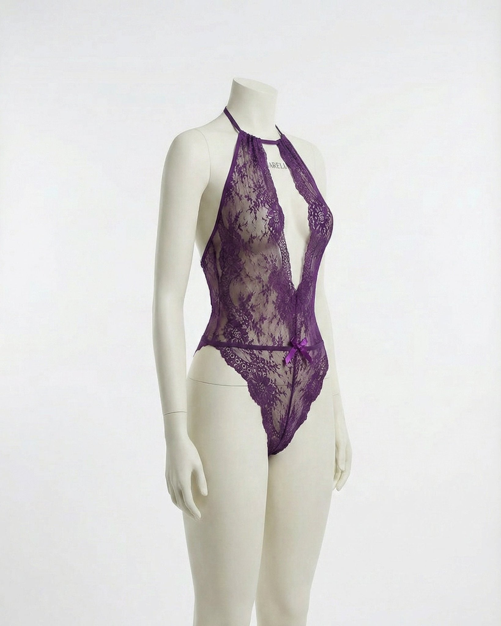 Purple Sheer Floral Lace Halter Bodysuit - MARELIA