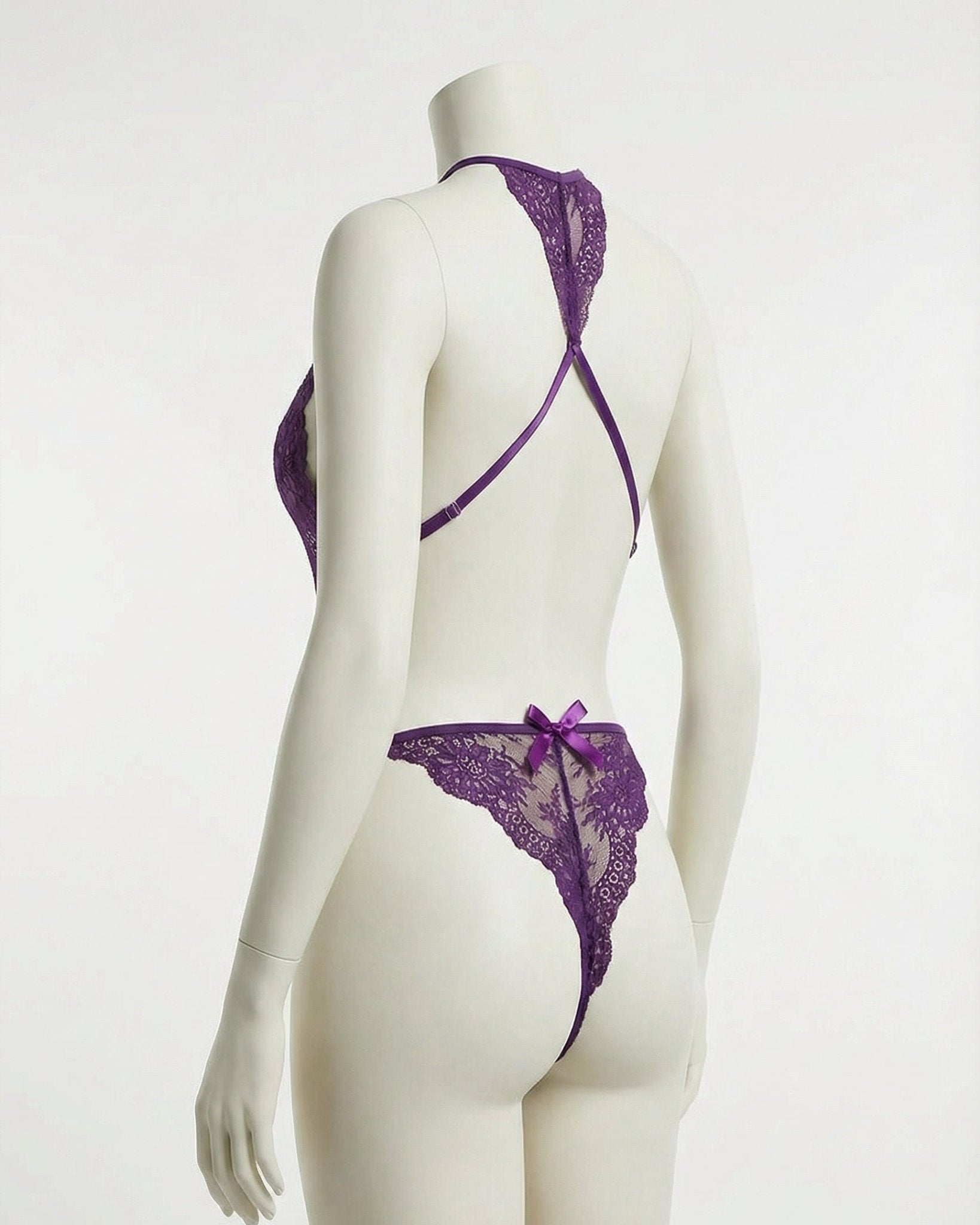 Purple Sheer Floral Lace Halter Bodysuit - MARELIA