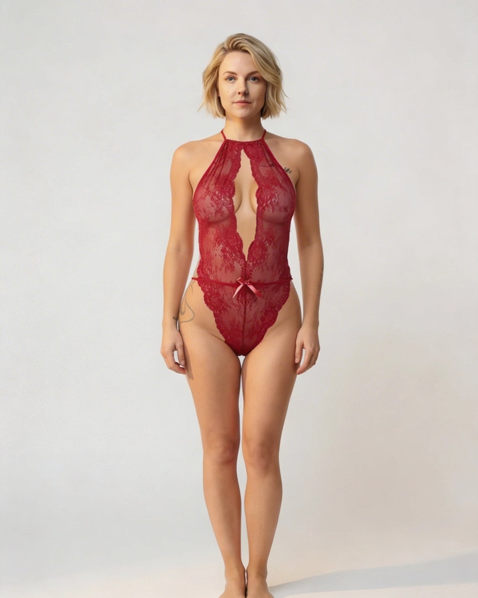 Burgundy Sheer Floral Lace Halter Bodysuit - MARELIA