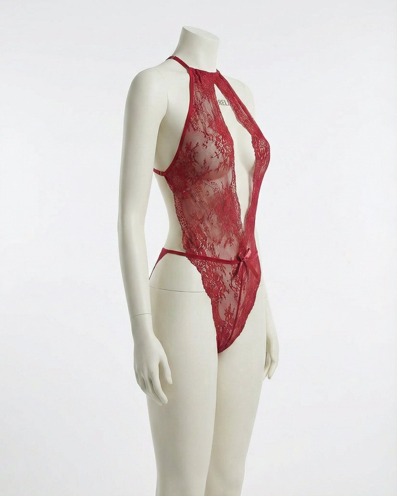Burgundy Sheer Floral Lace Halter Bodysuit - MARELIA
