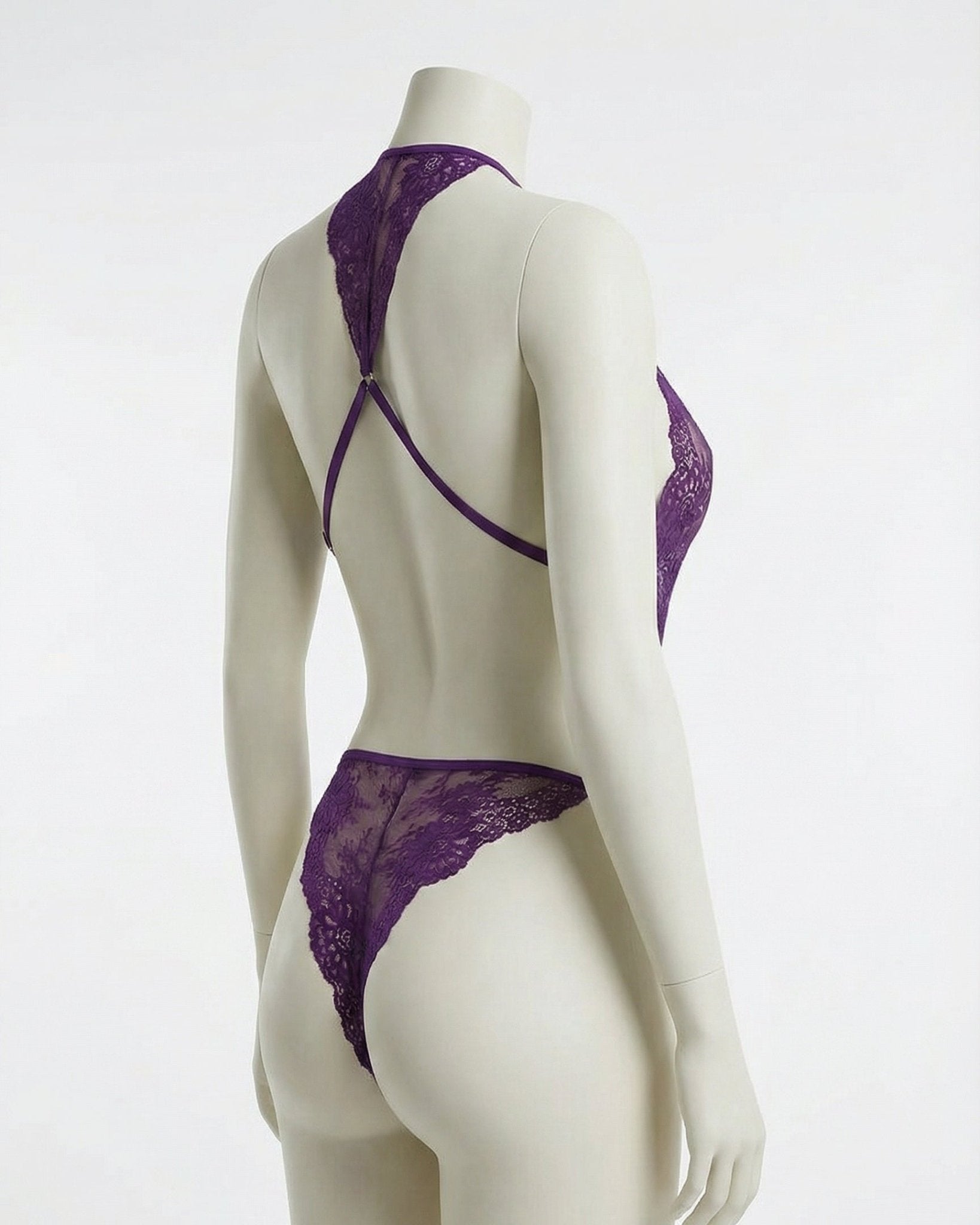 Purple Sheer Floral Lace Halter Bodysuit - MARELIA