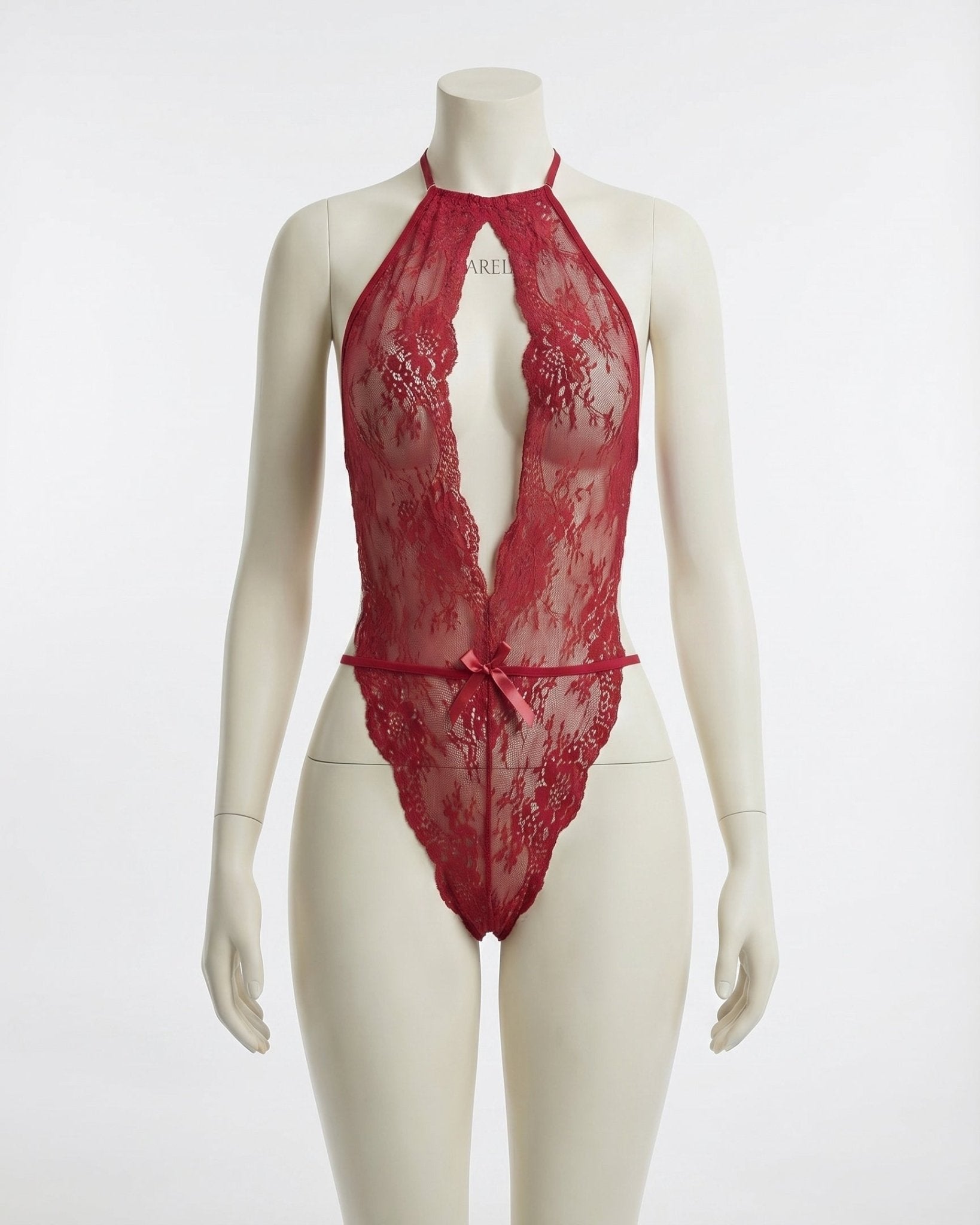 Burgundy Sheer Floral Lace Halter Bodysuit - MARELIA