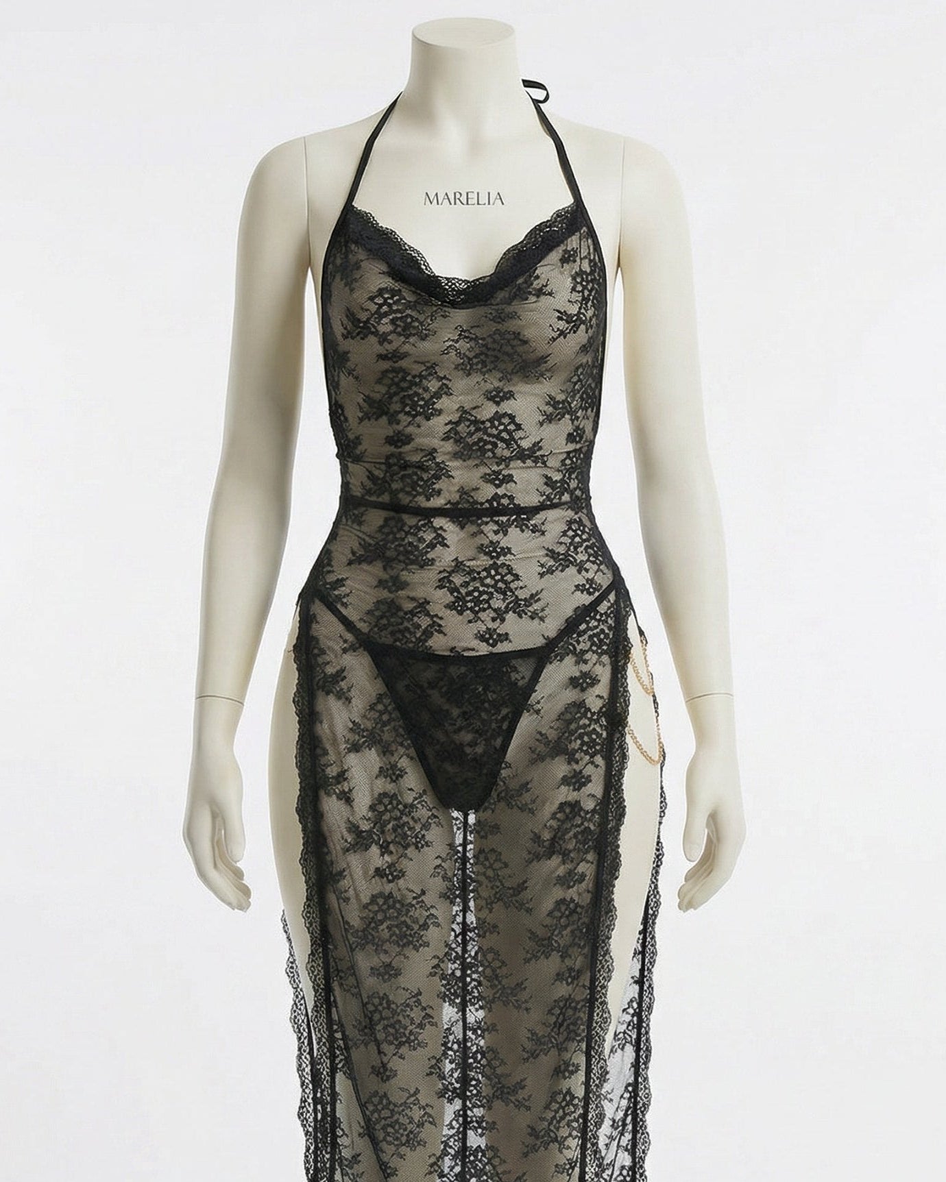 Black Floral Lace Halter Dress With High Slit - Marelia