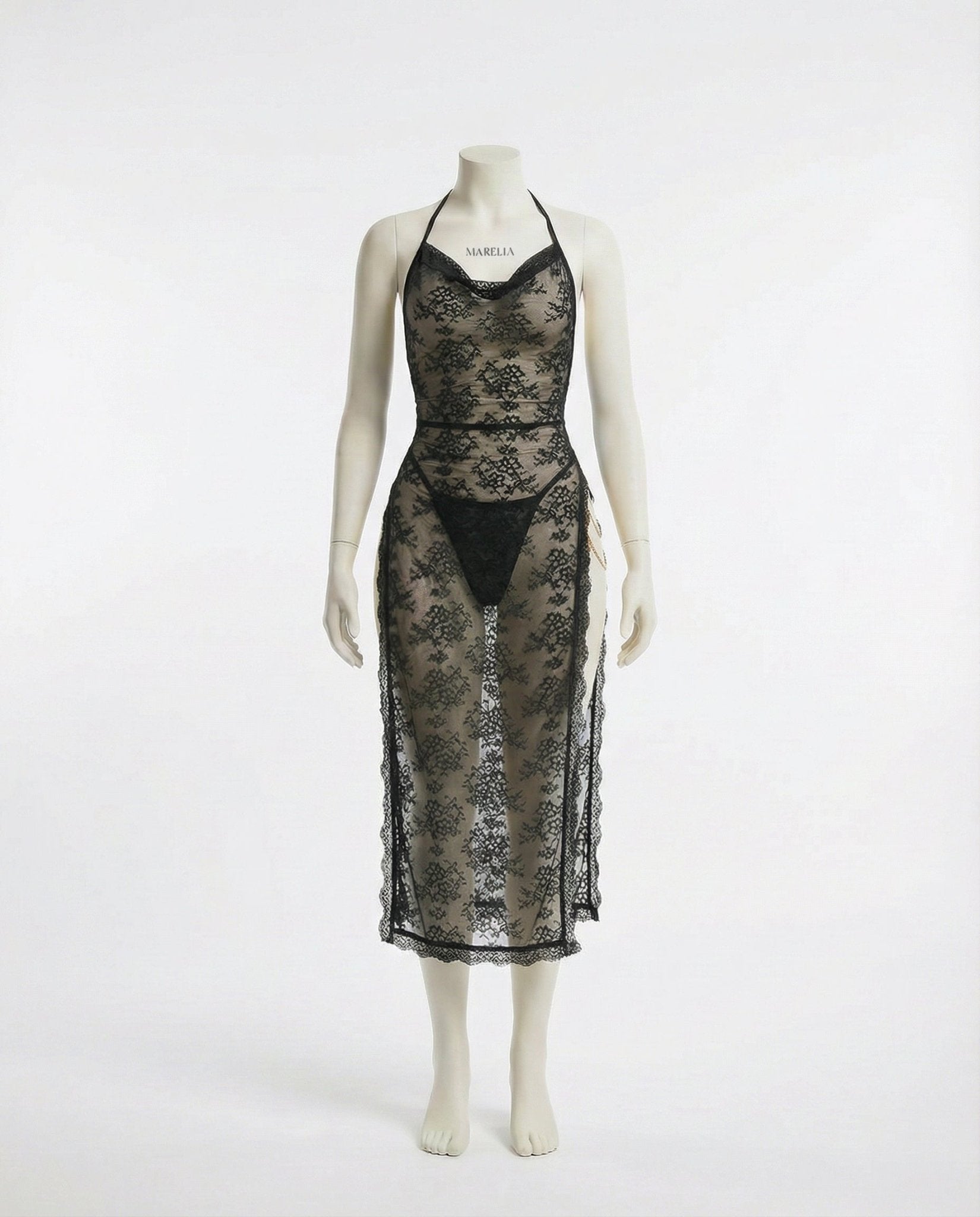 Black Floral Lace Halter Dress With High Slit - Marelia