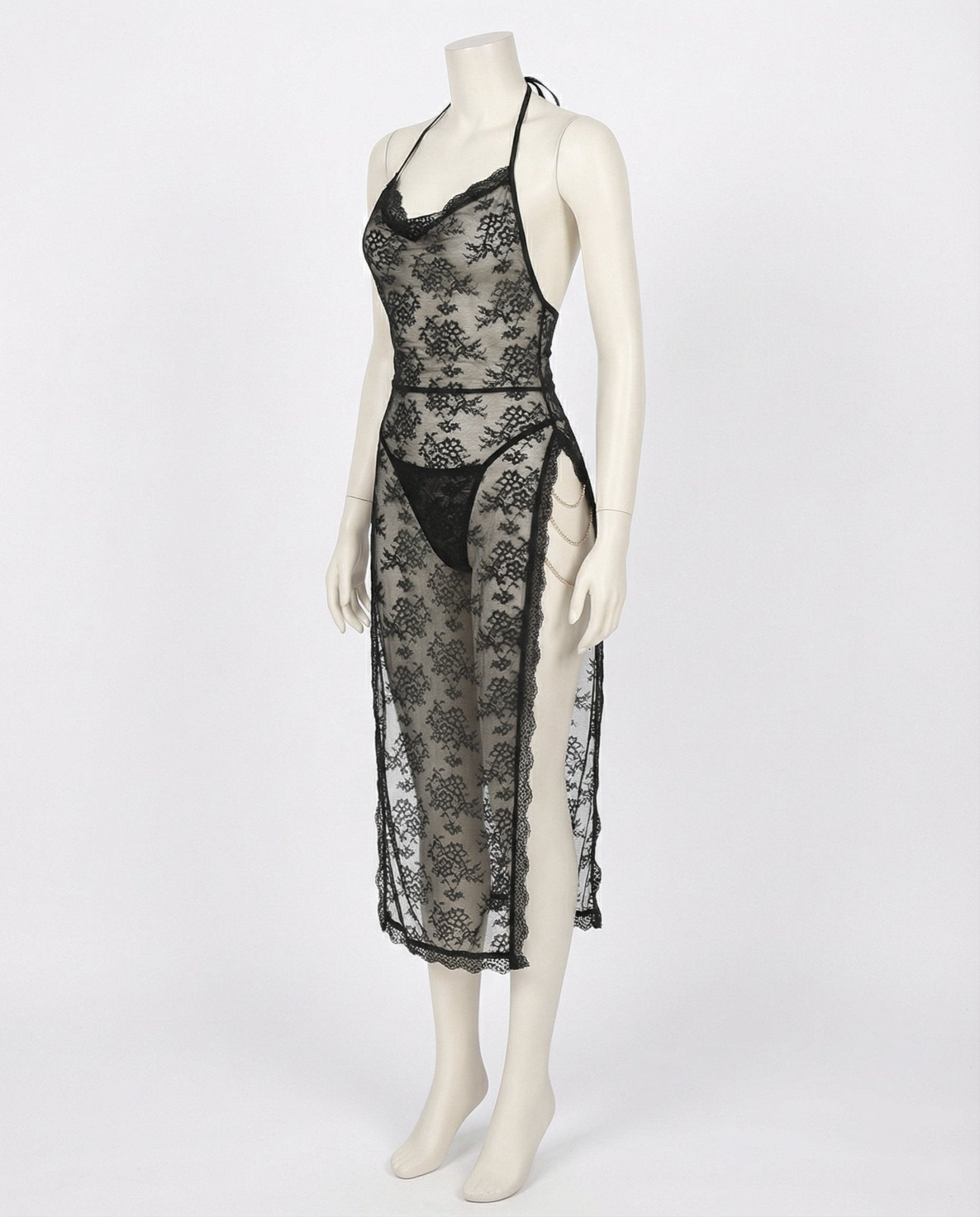Black Floral Lace Halter Dress With High Slit - Marelia