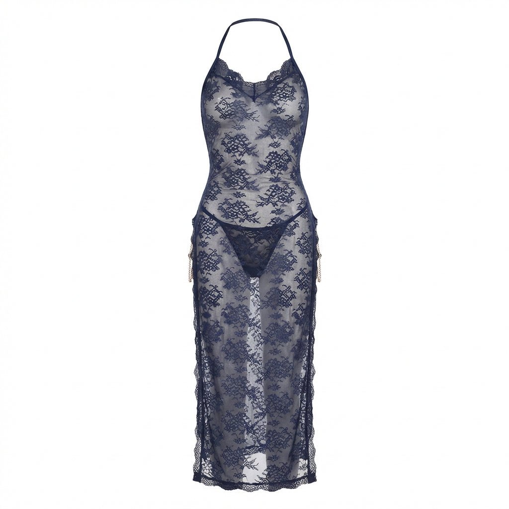 Navy Floral Lace Halter Dress With High Slit - Marelia