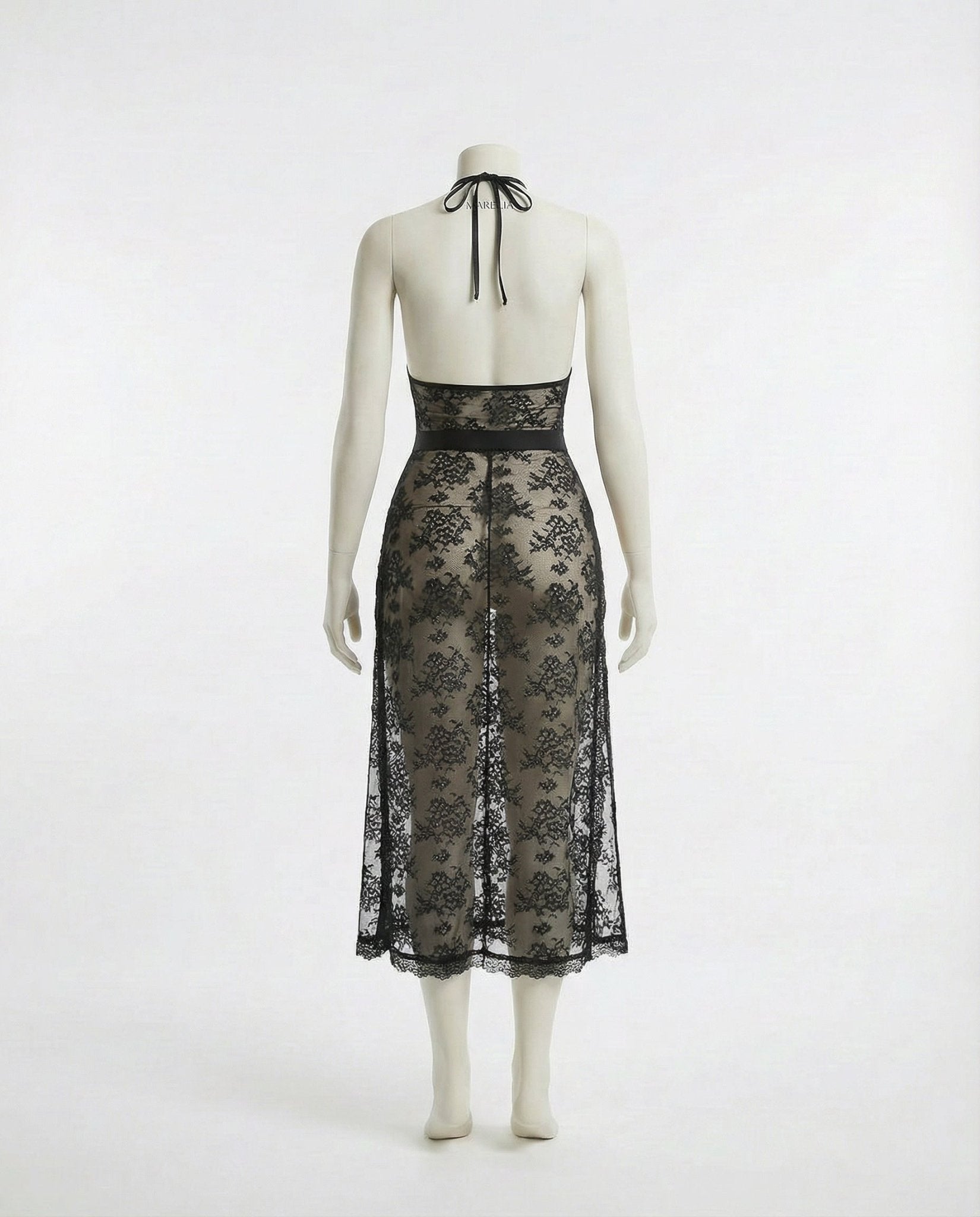 Black Floral Lace Halter Dress With High Slit - Marelia