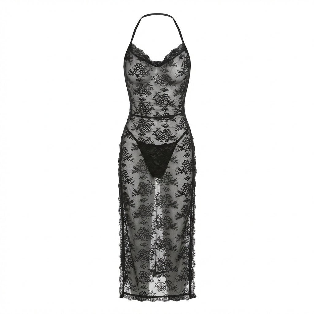 Black Floral Lace Halter Dress With High Slit - Marelia