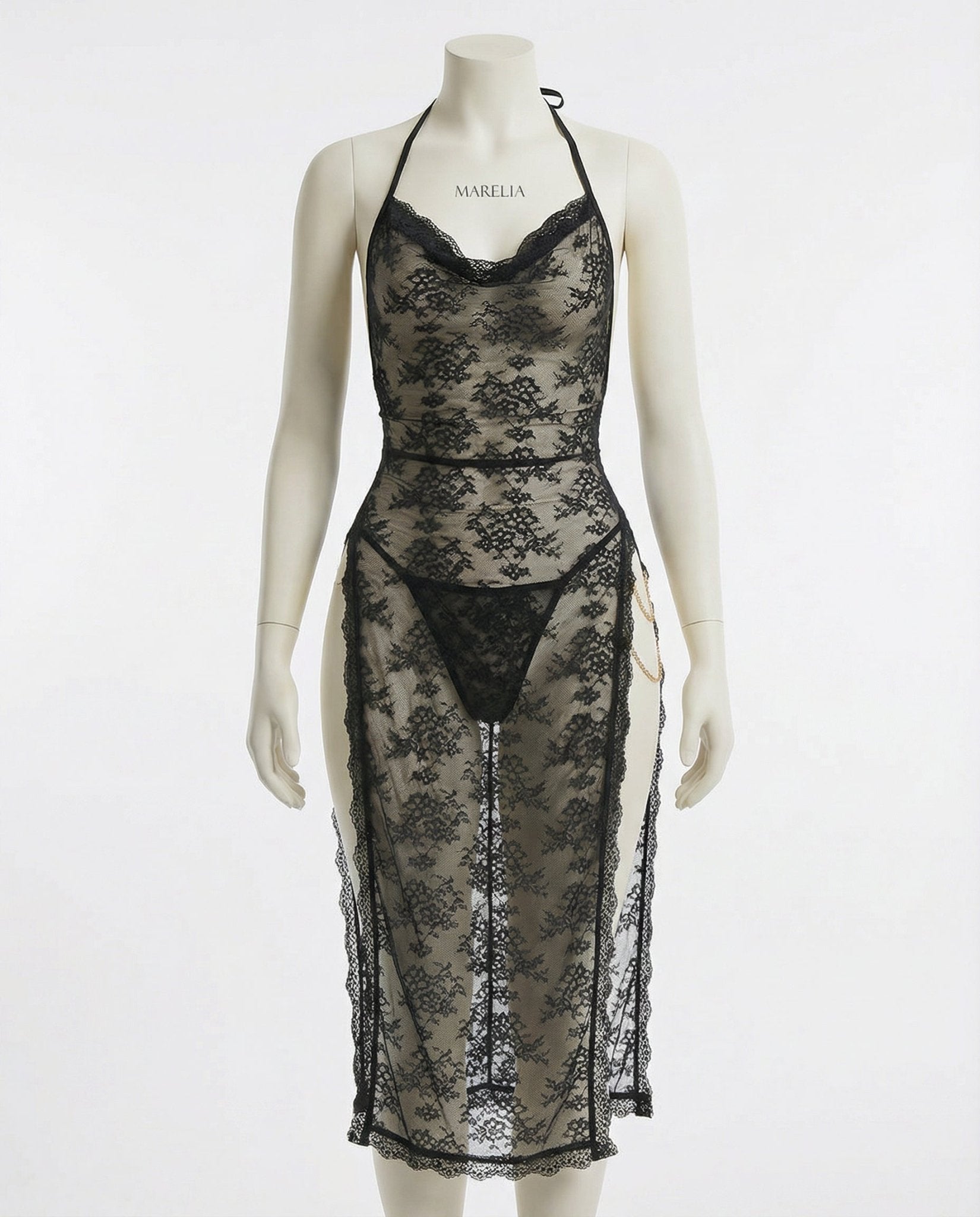 Black Floral Lace Halter Dress With High Slit - Marelia