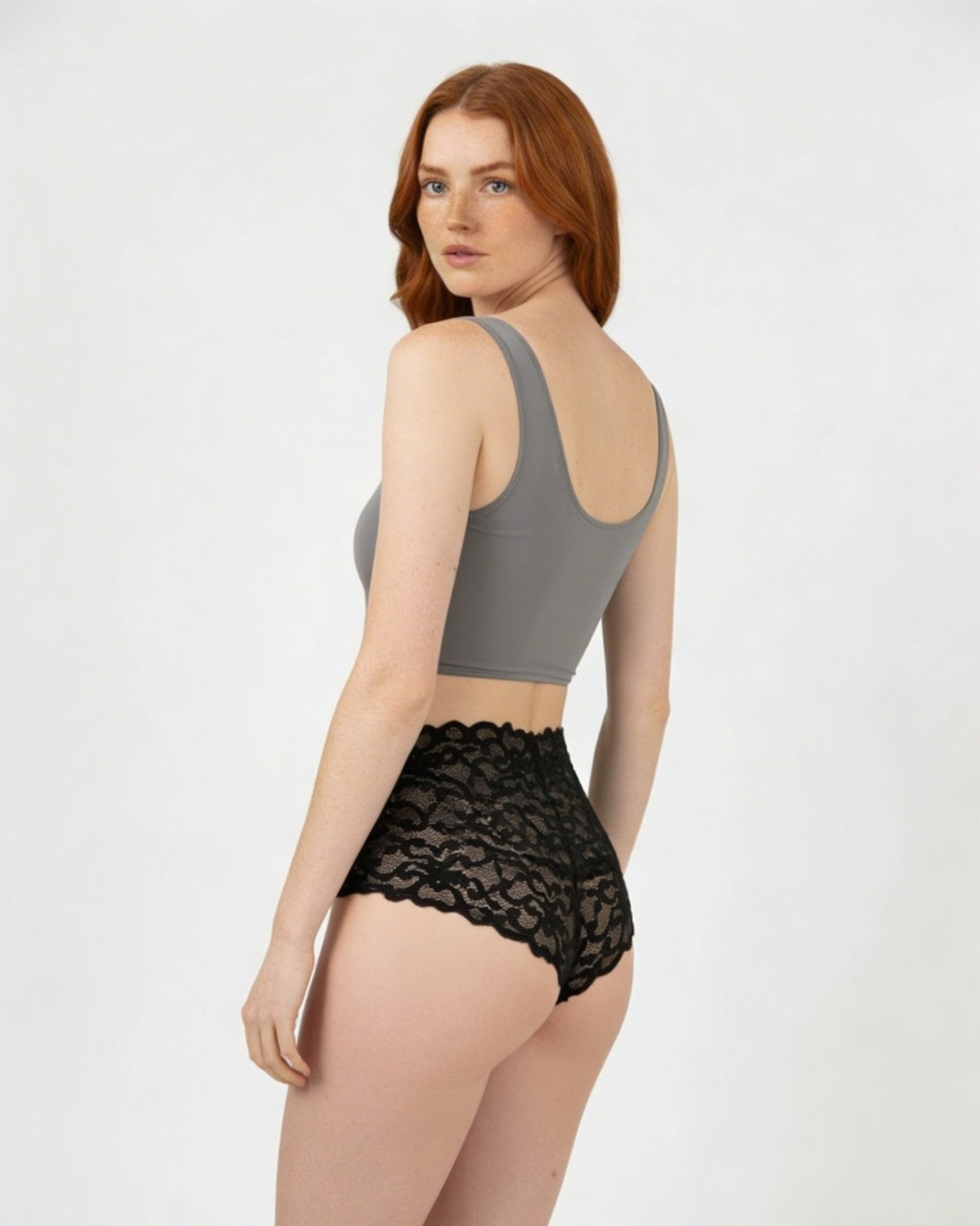 Grey Floral Lace High Waist Brief - MARELIA