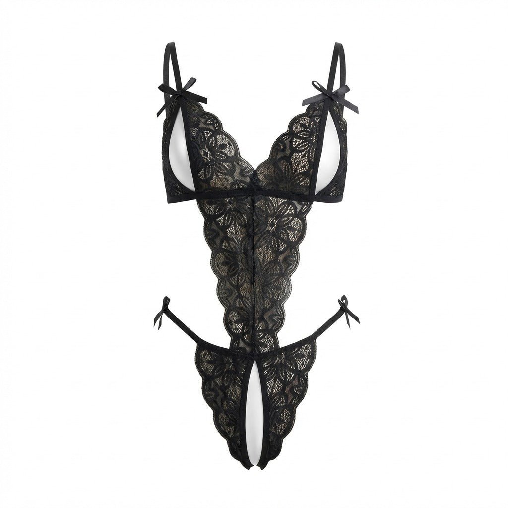 Black Floral Lace Open Cup Crotchless Teddy - MARELIA