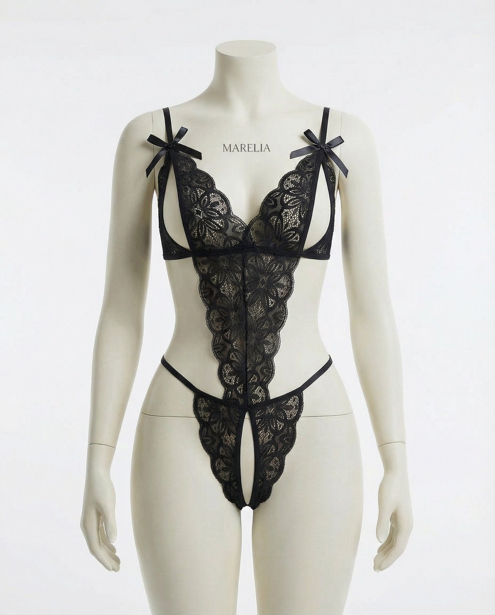 Black Floral Lace Open Cup Crotchless Teddy - MARELIA