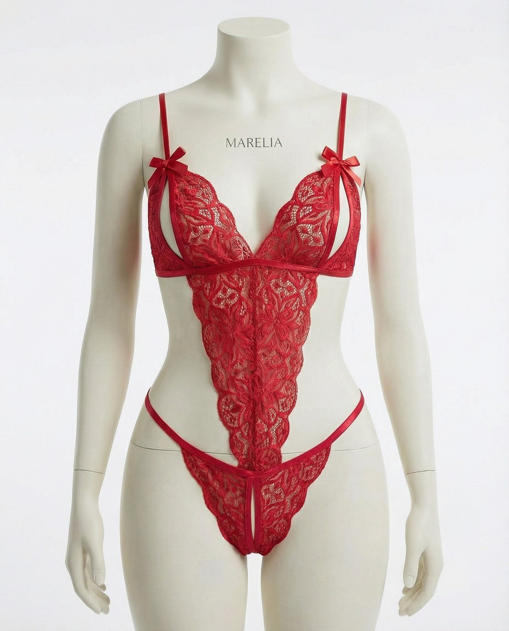 Red Floral Lace Open Cup Crotchless Teddy - MARELIA