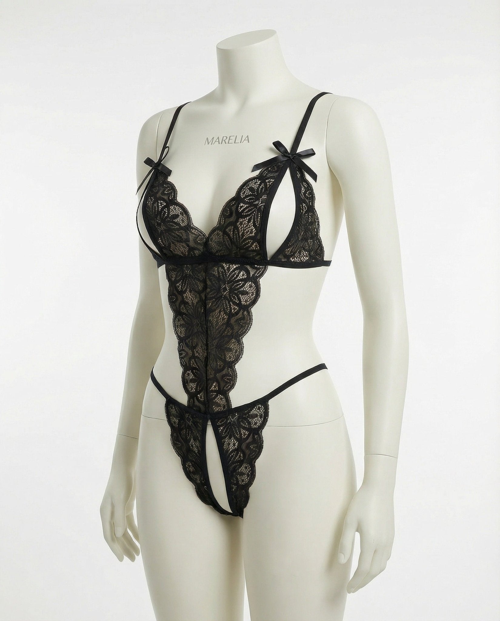 Black Floral Lace Open Cup Crotchless Teddy - MARELIA