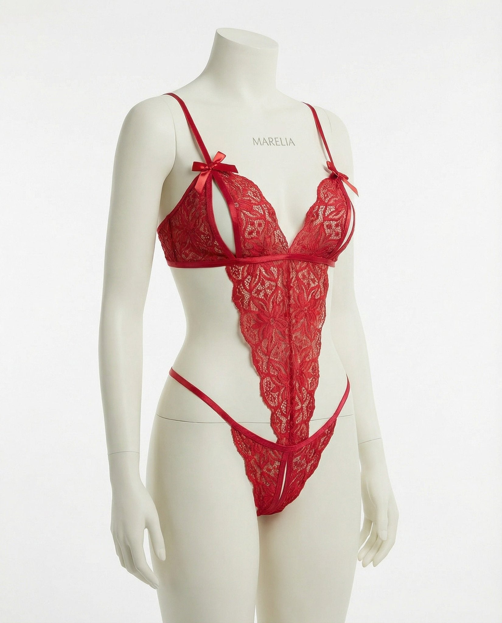 Red Floral Lace Open Cup Crotchless Teddy - MARELIA