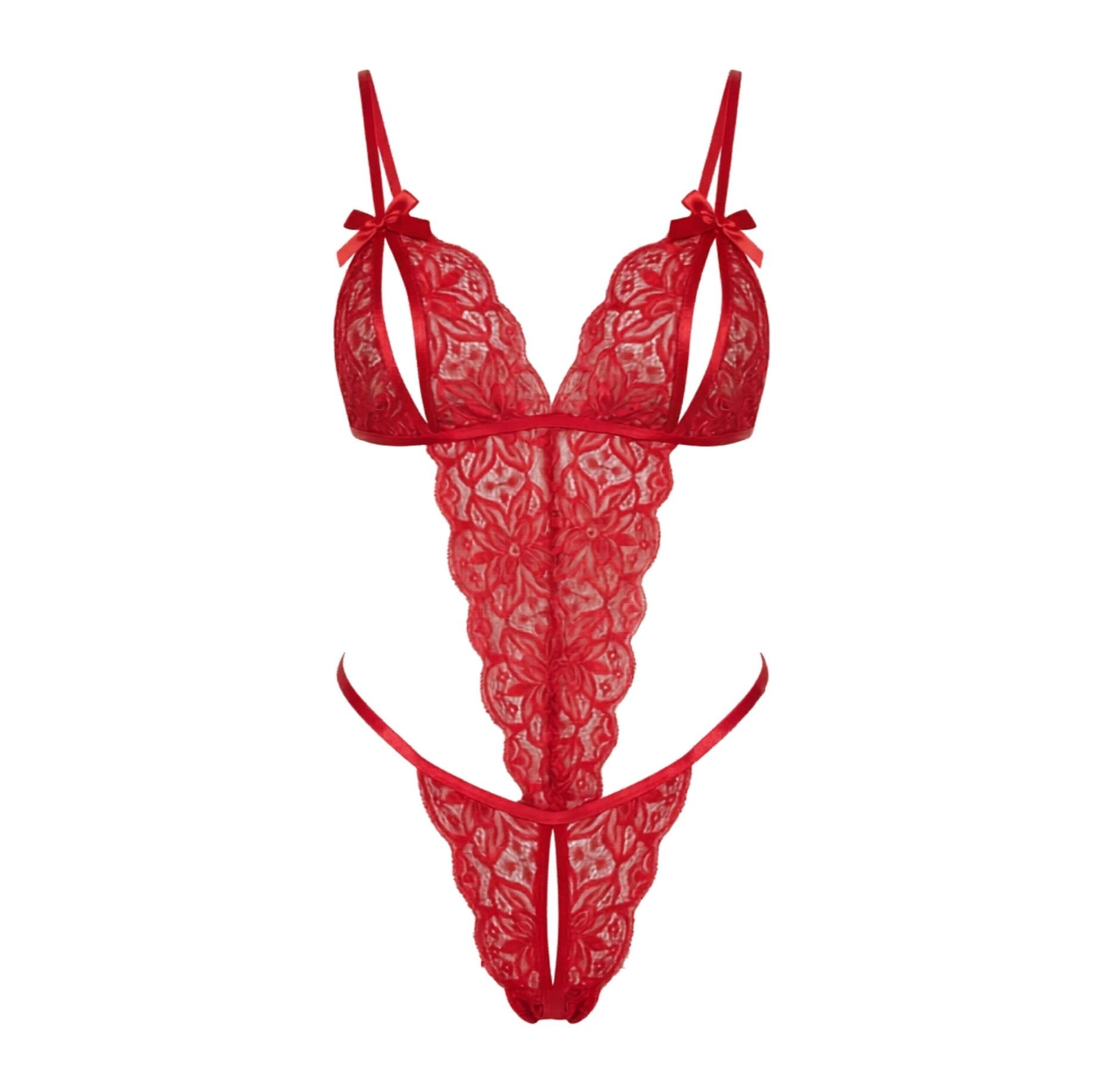 Red Floral Lace Open Cup Crotchless Teddy - MARELIA
