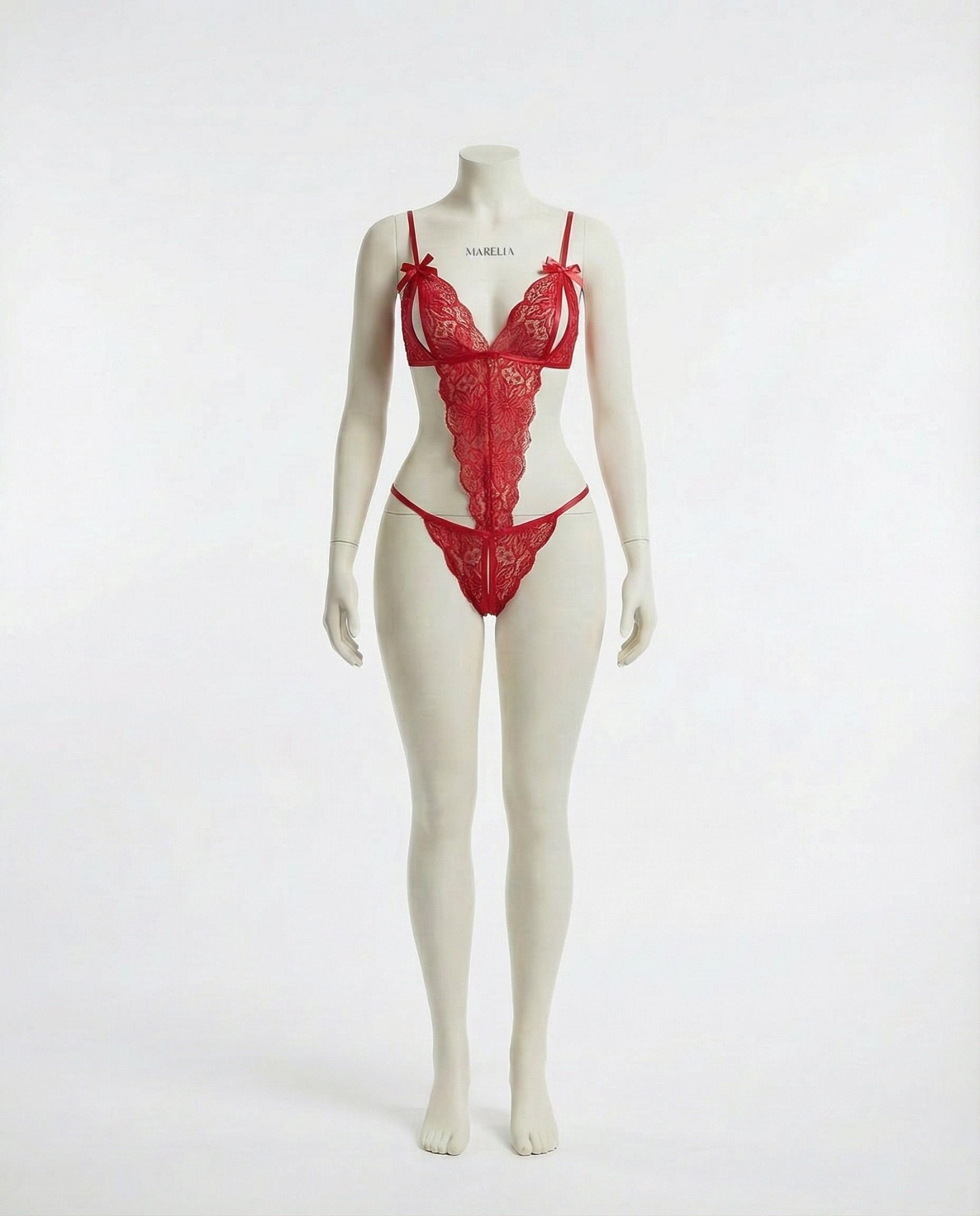 Red Floral Lace Open Cup Crotchless Teddy - MARELIA