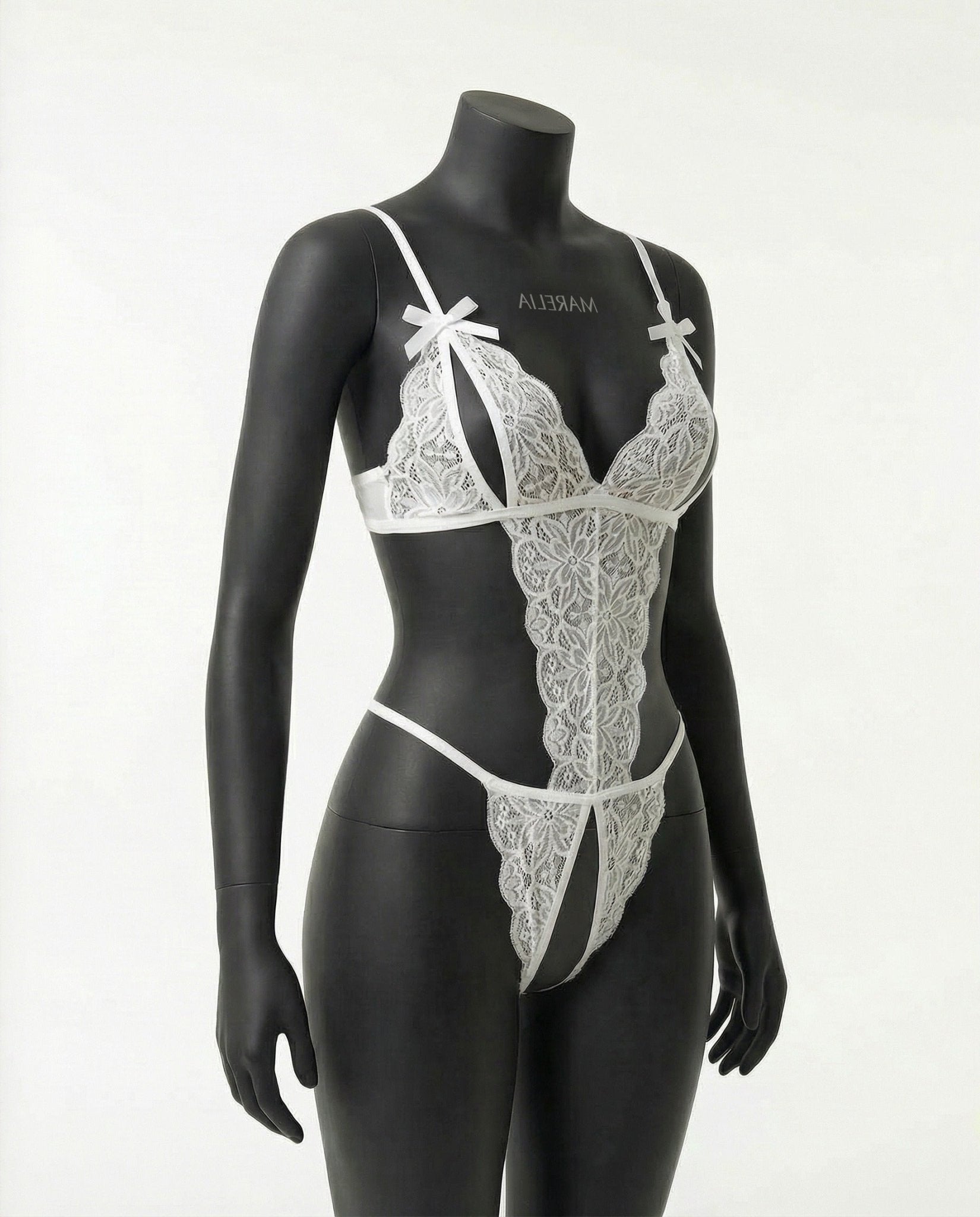 White Floral Lace Open Cup Crotchless Teddy - MARELIA