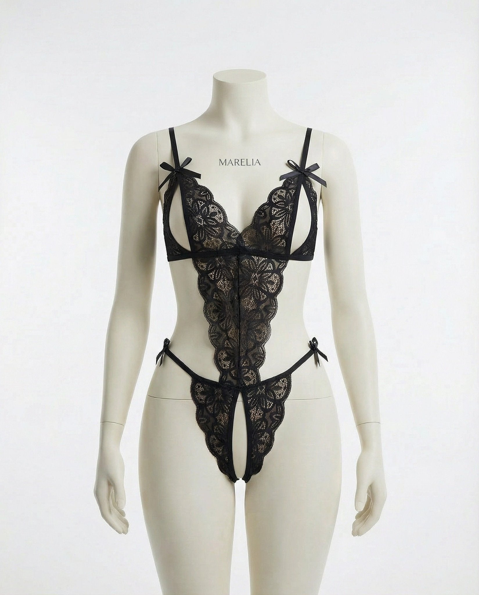 Black Floral Lace Open Cup Crotchless Teddy - MARELIA