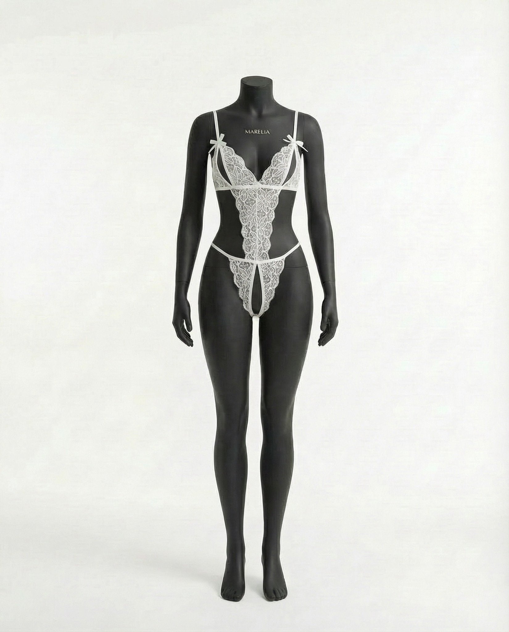 White Floral Lace Open Cup Crotchless Teddy - MARELIA