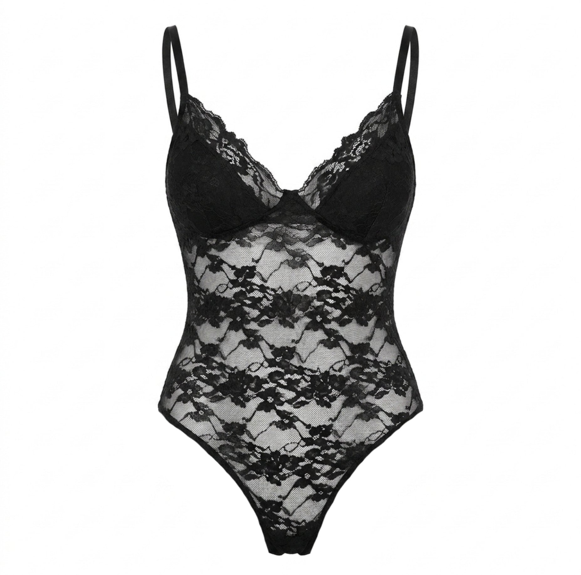 Black Floral Lace Thong Bodysuit - MARELIA