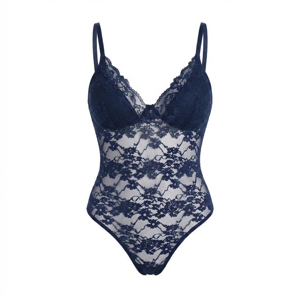 Navy Floral Lace Thong Bodysuit - MARELIA