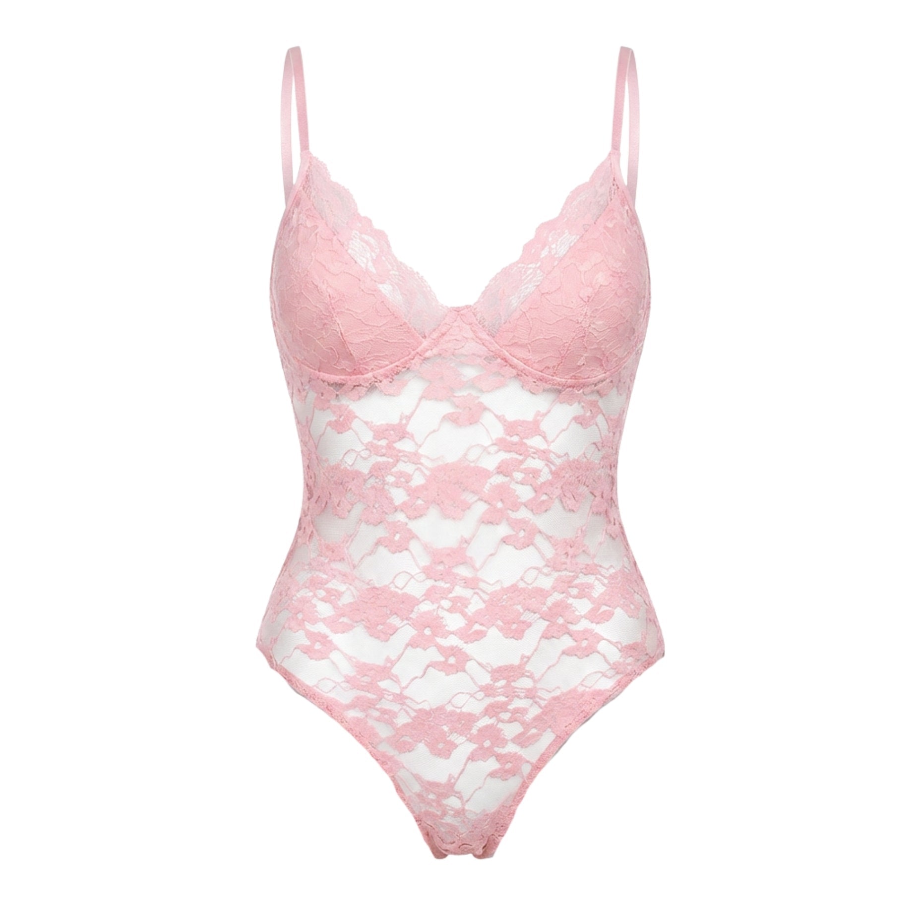 Pink Floral Lace Thong Bodysuit - MARELIA