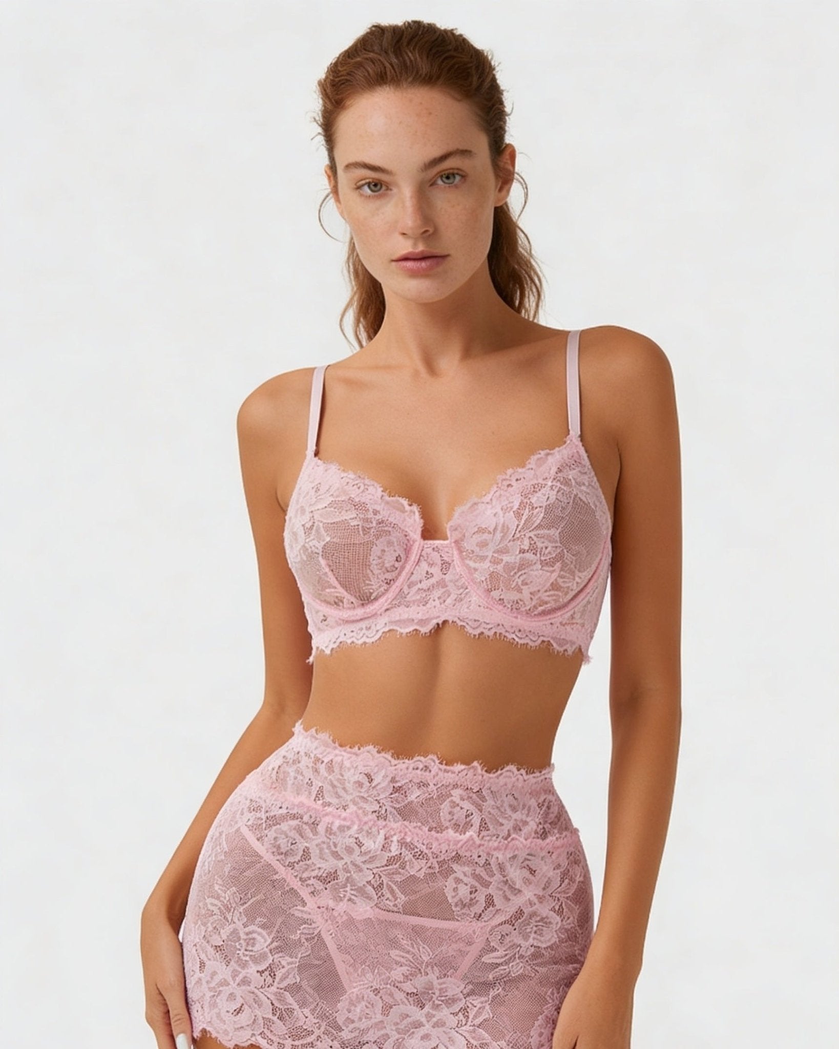 Pink Floral Lace Three Piece Lingerie Set - MARELIA