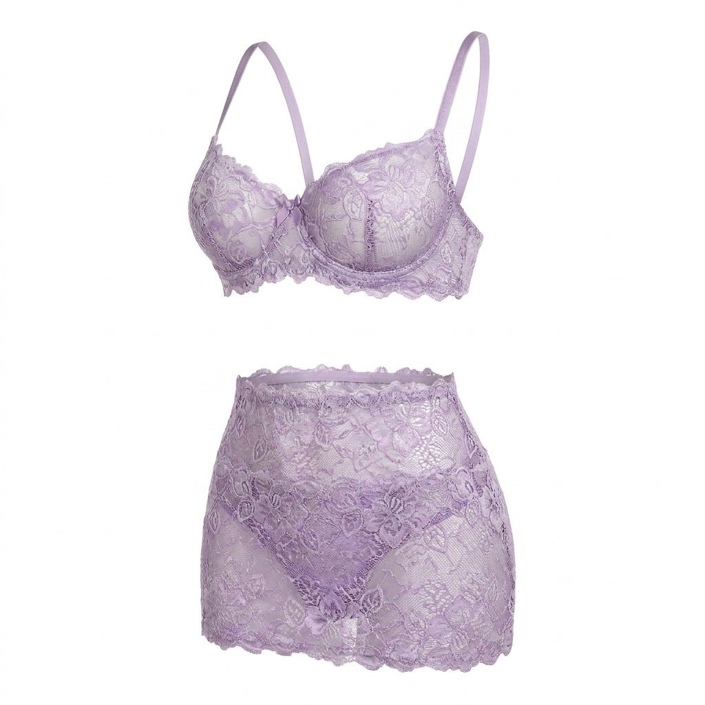 Lilac Floral Lace Three Piece Lingerie Set - MARELIA