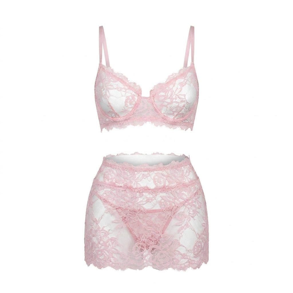 Pink Floral Lace Three Piece Lingerie Set - MARELIA