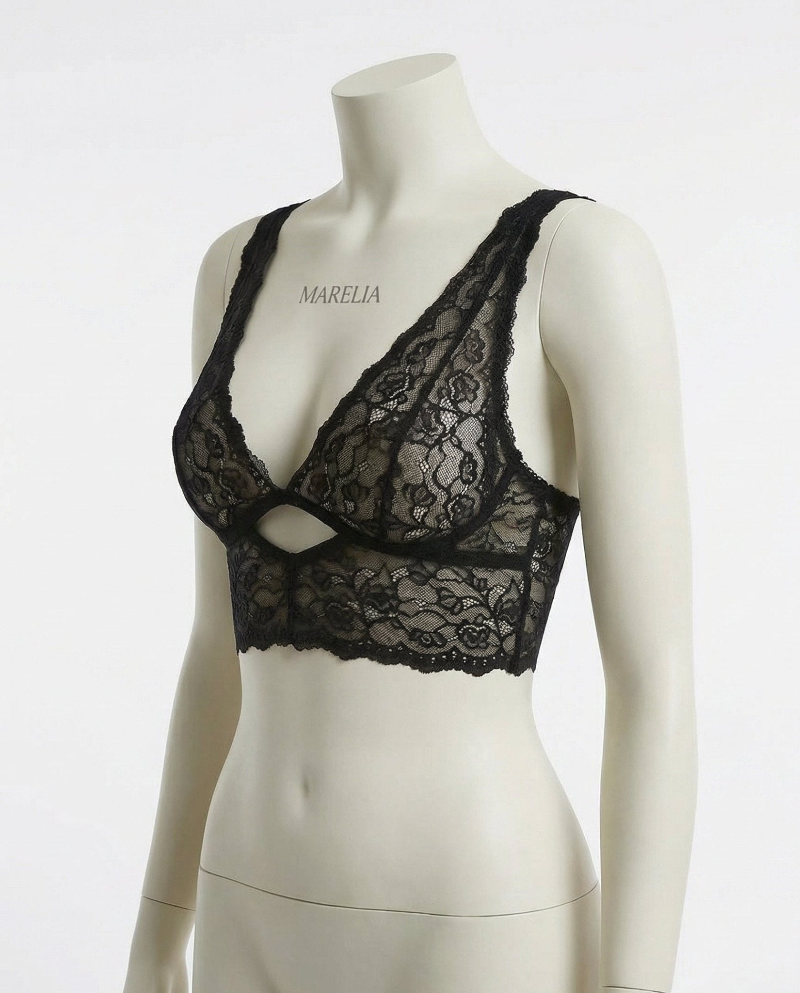 Black Floral Lace Wireless Bralette With Cutout - Marelia