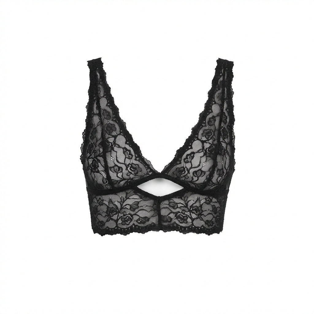 Black Floral Lace Wireless Bralette With Cutout - Marelia