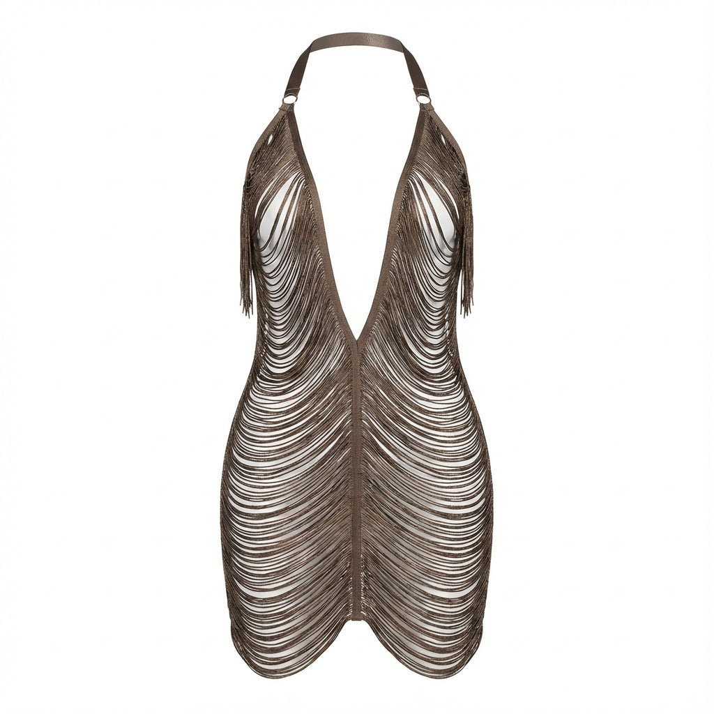 Brown Fringe String Halter Mini Dress - Marelia