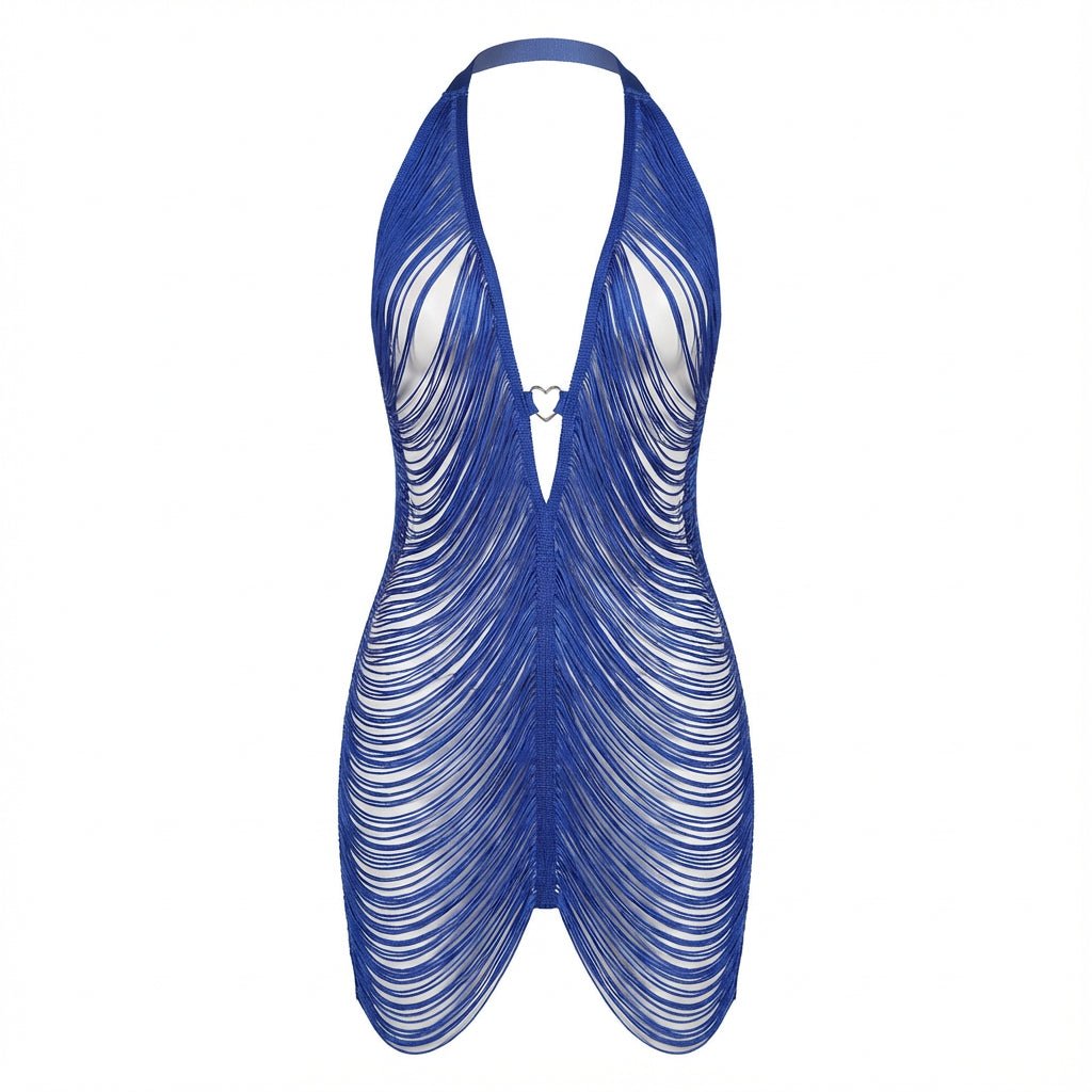 Blue Fringe String Halter Mini Dress - Marelia