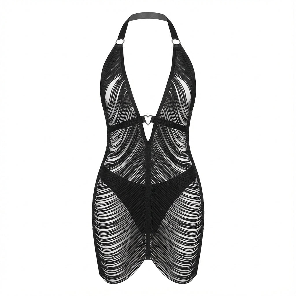 Black Fringe String Halter Mini Dress - Marelia