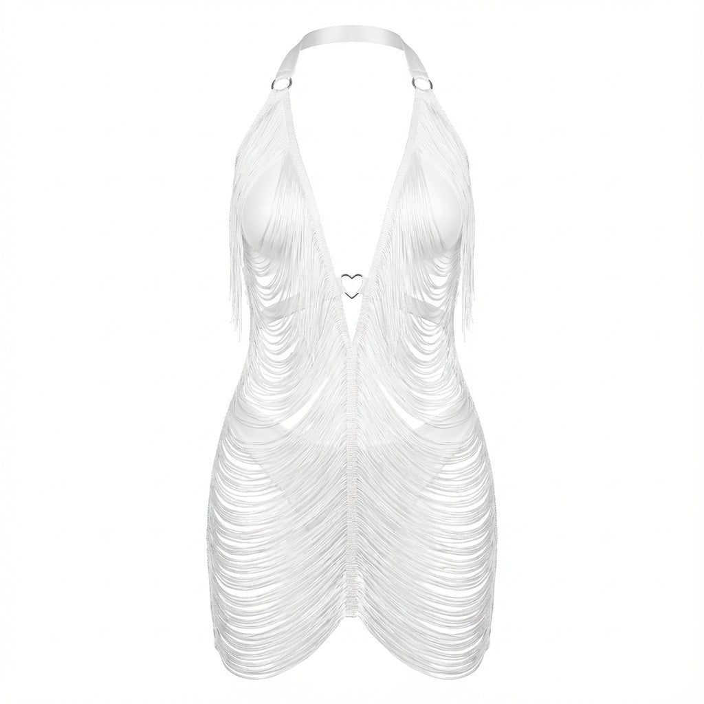 White Fringe String Halter Mini Dress - Marelia