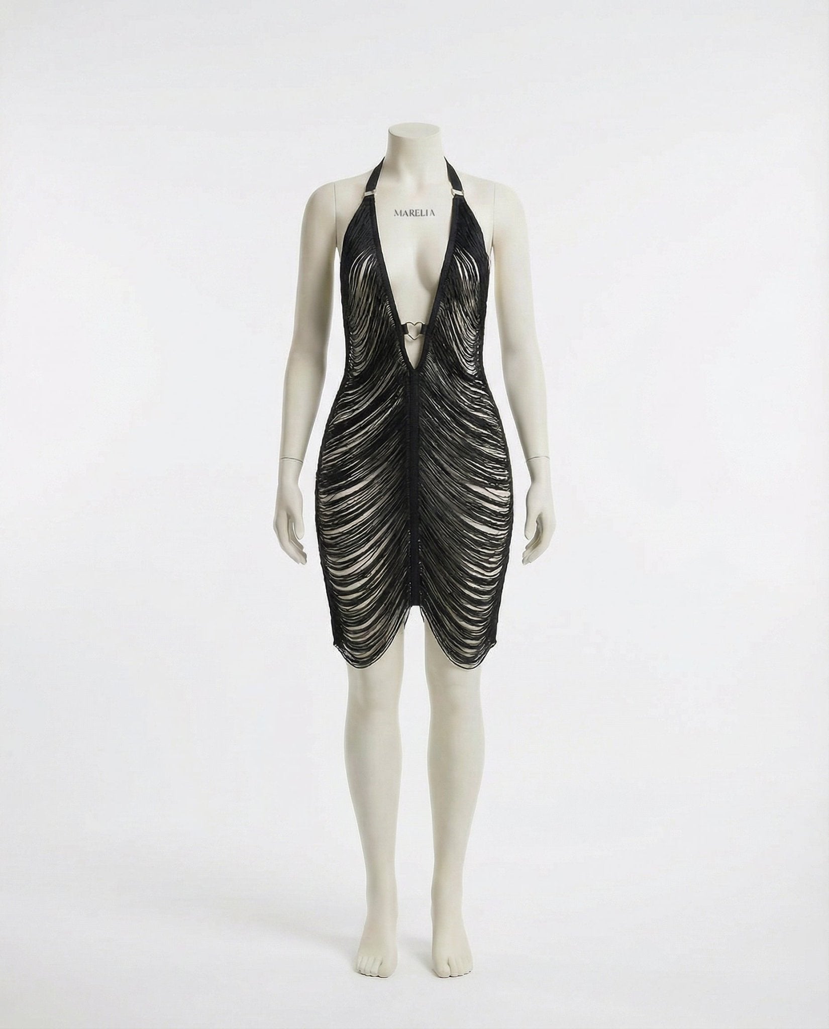 Black Fringe String Halter Mini Dress - Marelia