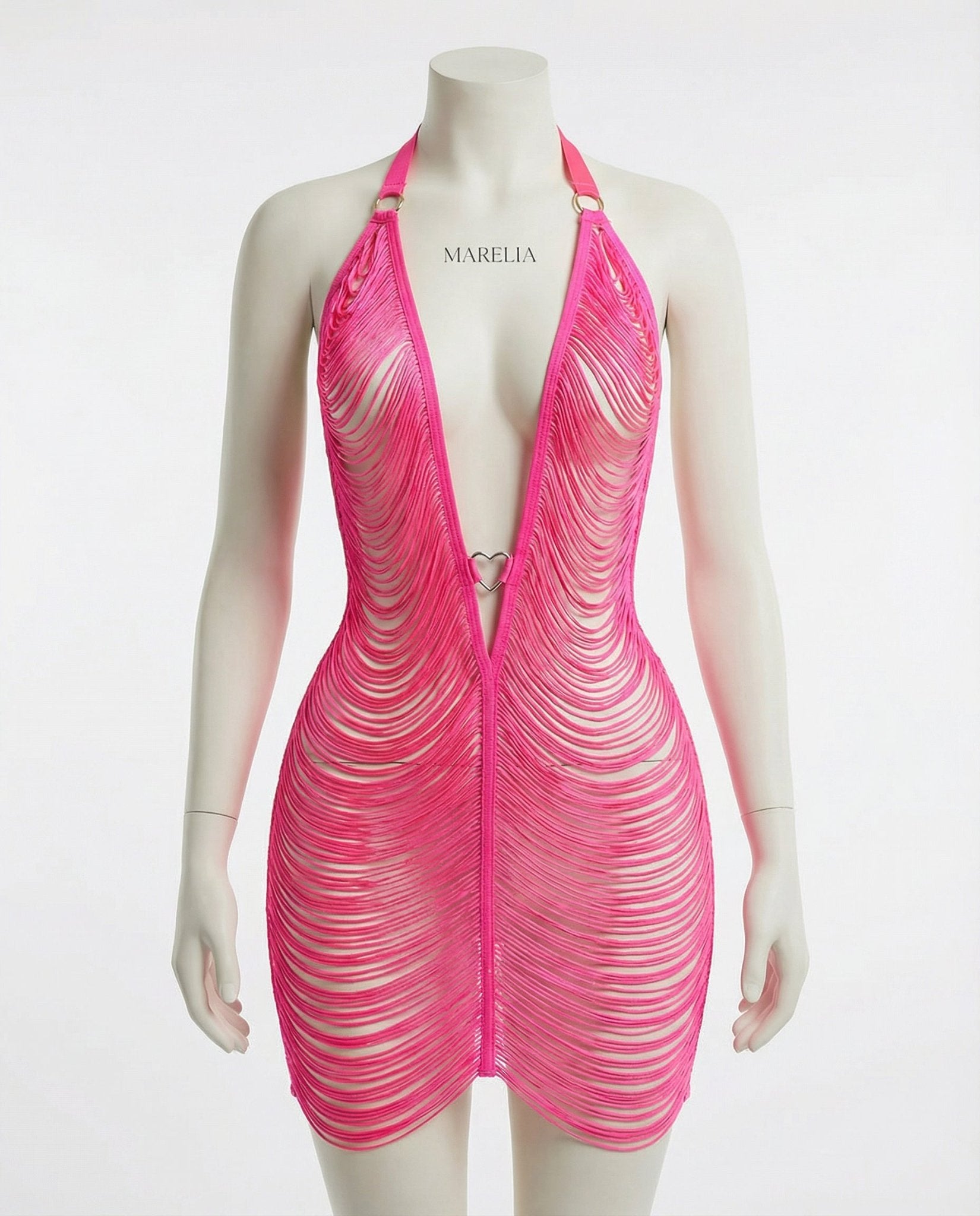 Fuscia Pink Fringe String Halter Mini Dress - Marelia