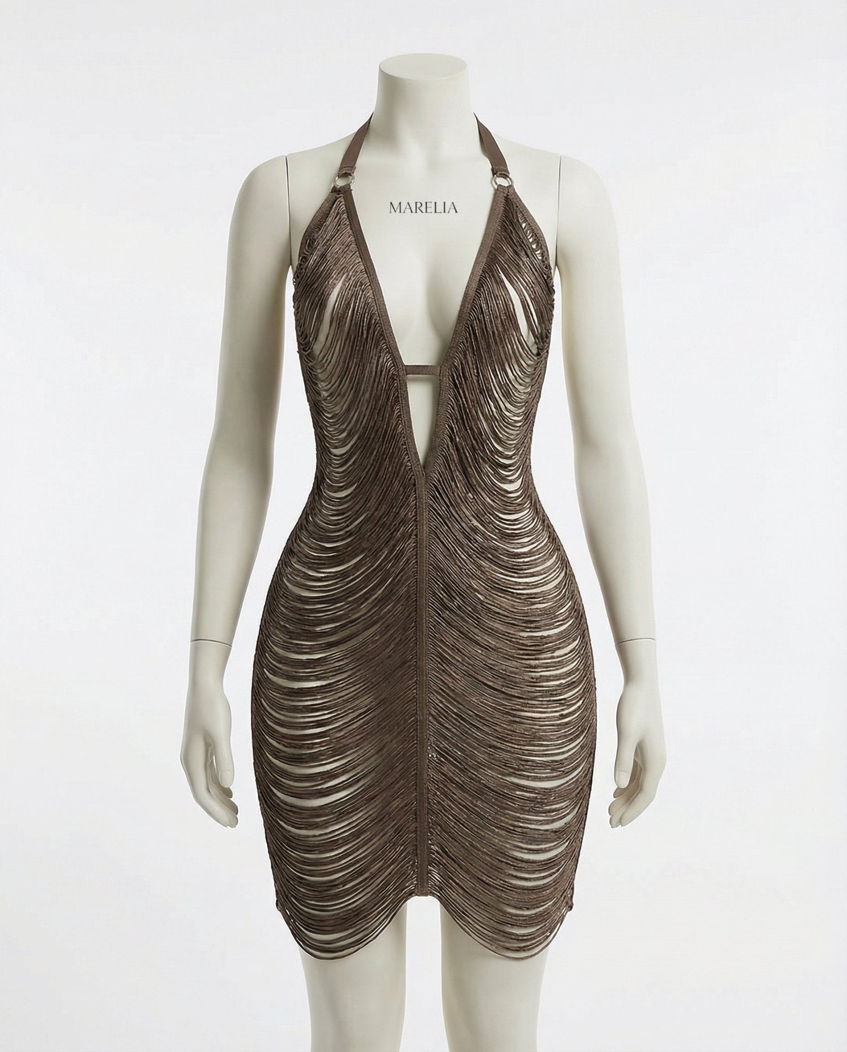 Brown Fringe String Halter Mini Dress - Marelia