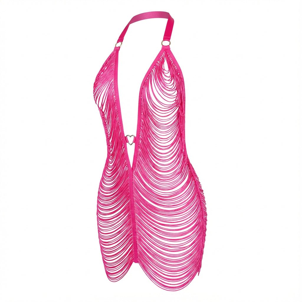 Fuscia Pink Fringe String Halter Mini Dress - Marelia