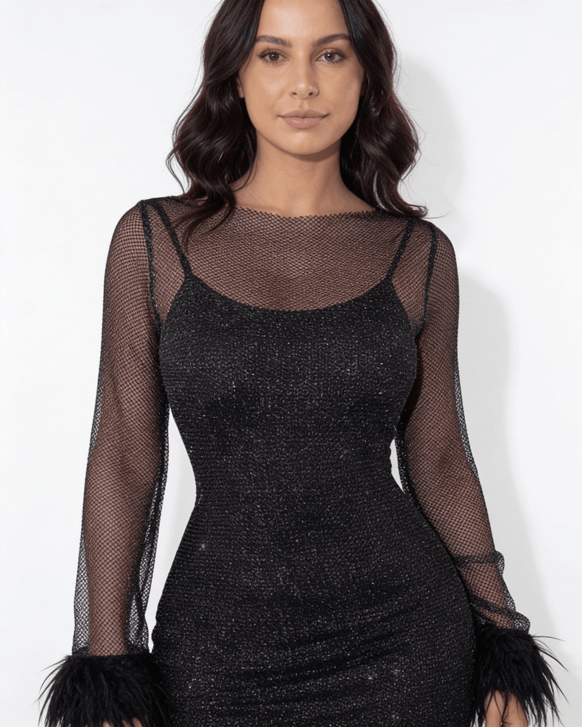 black glitter see through dress Feather-Cuff Long-Sleeve Mini Ball Dress
