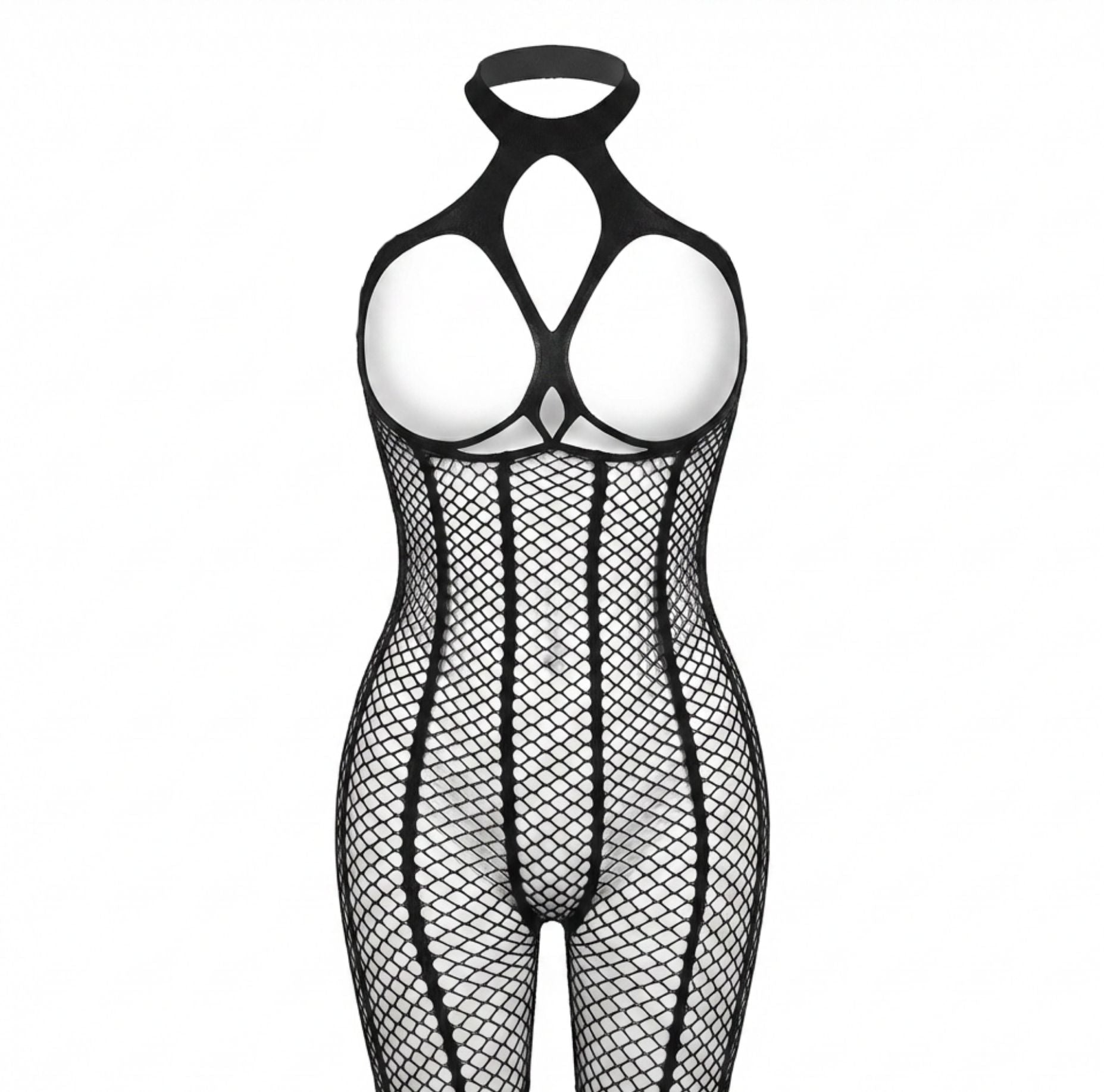 Black Halter Neck Open Cup Crotchless Fishnet Bodystocking - MARELIA