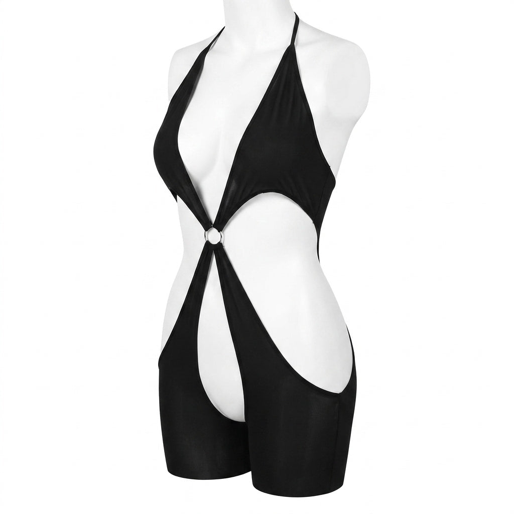 Black Halter Ring Cutout Crotchless Bodystocking - MARELIA