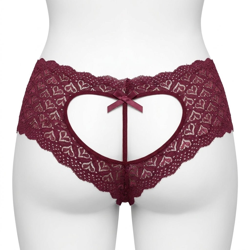 Burgundy Heart Cutout Lace Crotchless Panty - MARELIA