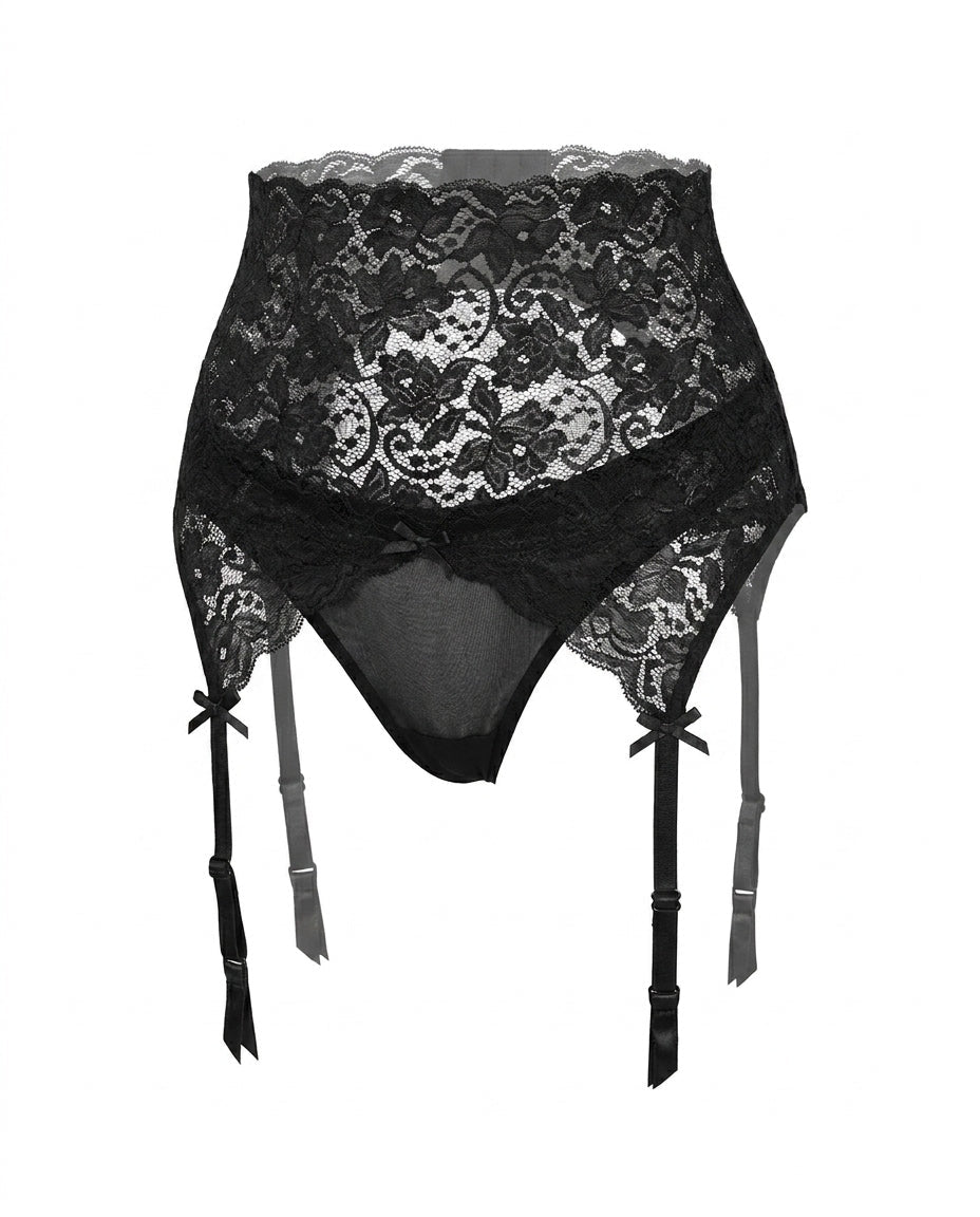 Black High Waisted Lace Suspender Belt - MARELIA