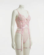 Pink Lace And Mesh Bodysuit With Garter Straps - Marelia