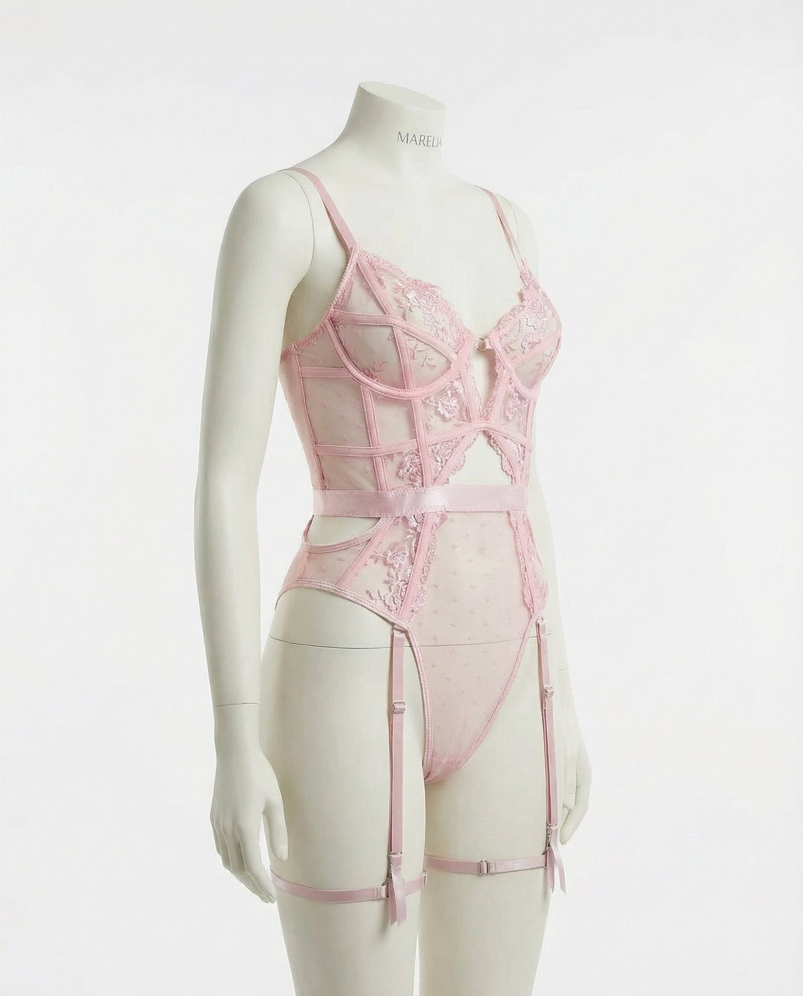 Pink Lace And Mesh Bodysuit With Garter Straps - Marelia