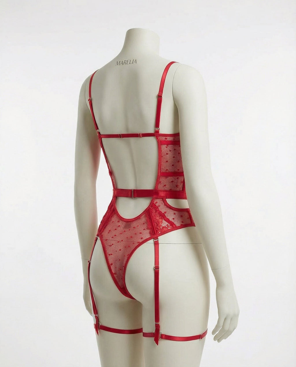 Red Lace And Mesh Bodysuit With Garter Straps - Marelia